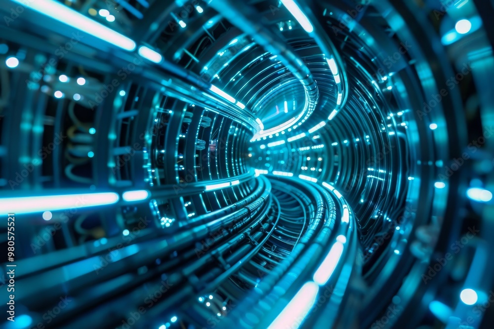 Fototapete futuristic digital tunnel with glowing blue neon lights and flowing lines, representing high-tech en