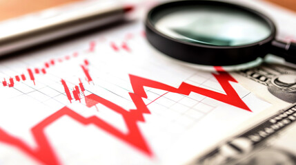 Fototapeta premium A red arrow signals financial decline as a dollar bill rests under a magnifying glass, revealing the gravity of the stock market's troubling trends