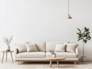 Cozy minimalist living room with a beige sofa, open layout, and a simple coffee table, open living area, minimalist furniture