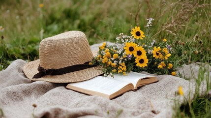 Rustic picnic setup with straw hat, book, and wildflowers for outdoor relaxation and spring inspiration