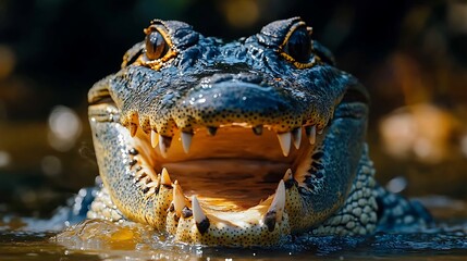 Obraz premium A close-up of a crocodile with its mouth open, revealing sharp teeth.