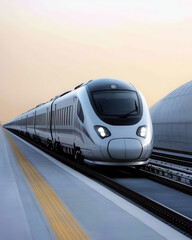 Naklejka premium A sleek, modern train approaching a station during sunset, highlighting advanced design and technology in transportation.
