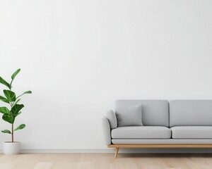 Cozy minimalist living room with a grey sofa, light wood accents, and an open floor plan, modern design, open living area