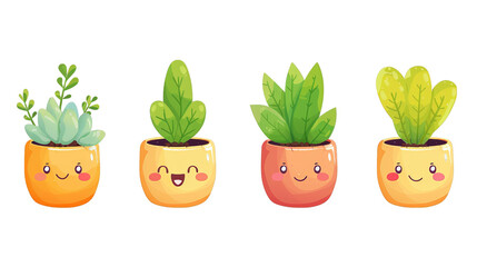 Four cute potted plants with happy faces. The plants are drawn in a cartoon style and have...