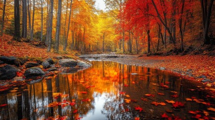 Obraz premium A serene stream reflects the colorful autumn leaves as trees in shades of orange and red surround it. The tranquil setting captures the essence of fall in a peaceful natural environment.