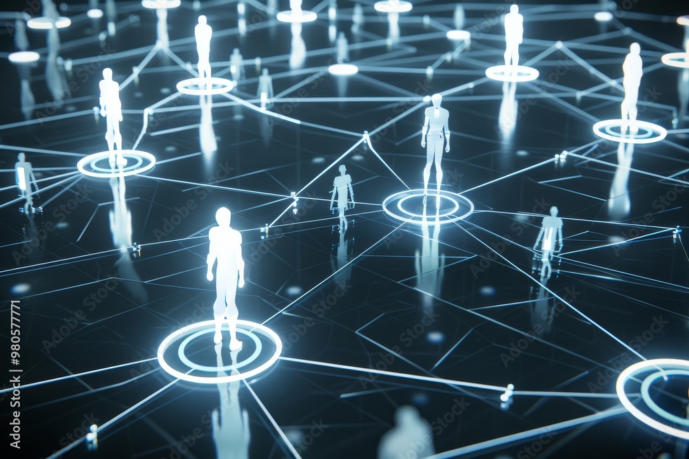 Leinwandbilder Abstract digital network with connected human figures, representing the concept of global connectivity and communication in a technologically advanced and interconnected world.