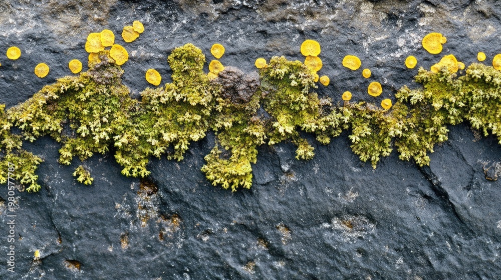 Wall mural Lichen Growth on Dark Rock Surface with Yellow Spots