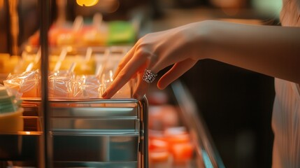 Hand Selecting Colorful Desserts at a Buffet