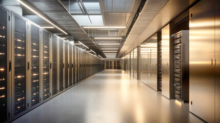 The modern data center features rows of gleaming servers, bustling with activity, illuminated by bright lights that enhance its high-tech ambiance