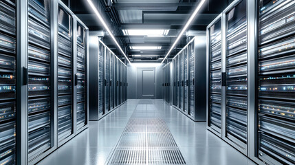 Vibrant rows of advanced servers fill the air with a soft hum, showcasing the pulse of modern technology in this immaculate and gleaming space