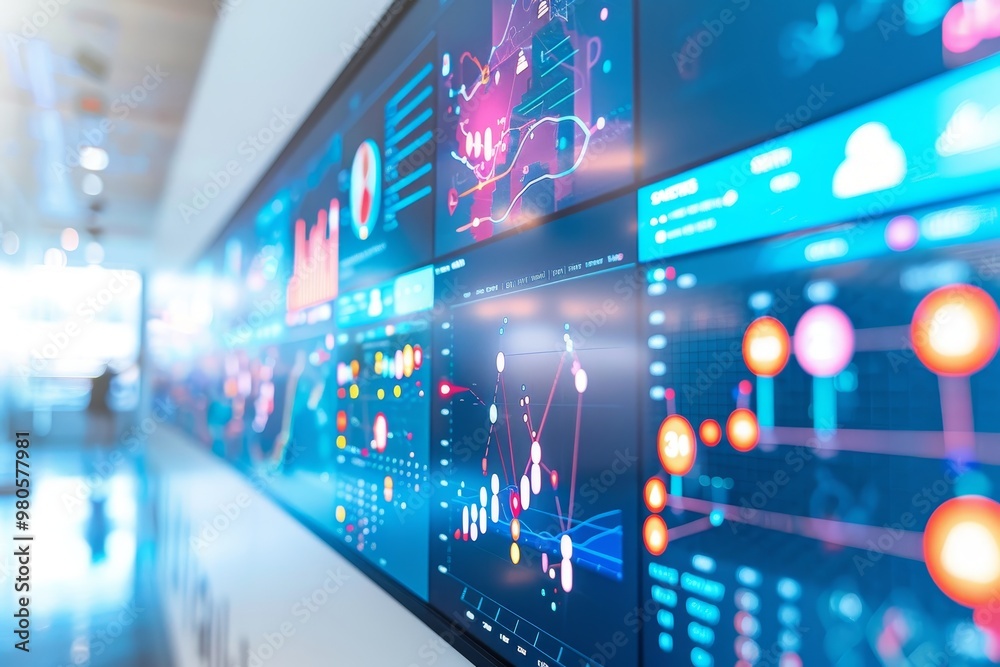 Poster Digital dashboard displaying multiple data visualizations and analytics, representing modern business technology and advanced data management for effective decision-making.