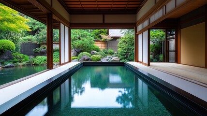 A serene indoor pool surrounded by lush greenery, offering a tranquil escape into nature's beauty and harmony.