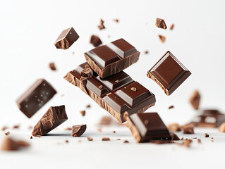 Delicious dark chocolate pieces floating mid-air with crumbs, capturing the essence of indulgence and luxury in confectionery.