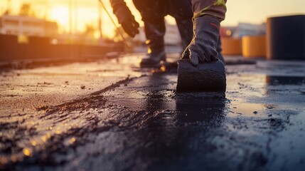 Construction Worker Laying Asphalt at Sunset