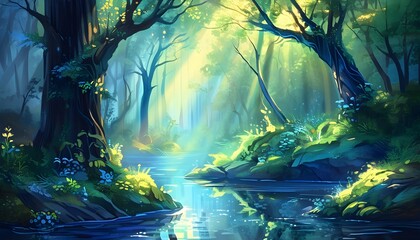 Enchanted Woodland of Blue and Green with Sunlight Rays, Dreamlike Fantasy Atmosphere in a Serene, Magical Nature Scene