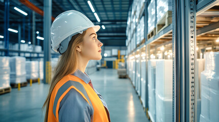 The engineer, wearing a vest and helmet, examines the temperature control display while standing before organized shelves of power containers