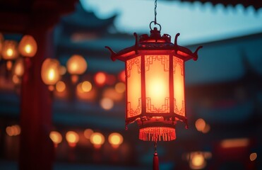 A glowing red Chinese hanging lantern in sharp focus, with a blurred temple backdrop