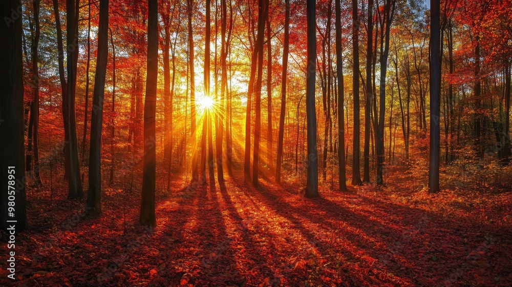 Poster sunlight streams through the trees of a forest, casting long shadows on the red and orange leaves. t