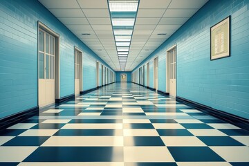 Retro style checkerboard pattern flooring in empty school hallway with fluorescent lighting