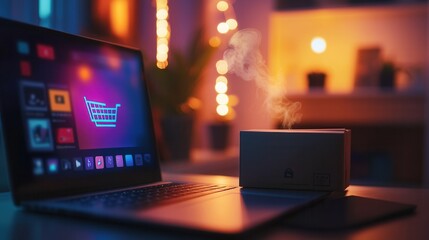 Fototapeta premium Cozy Evening with Laptop and Shopping Cart Icon