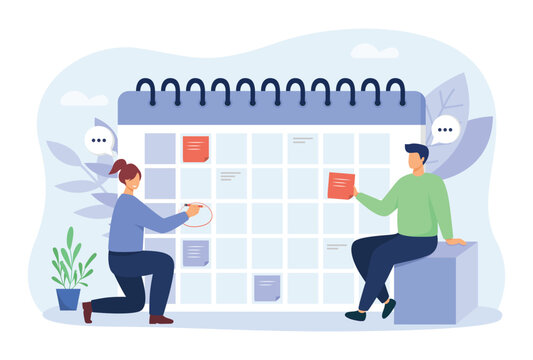 Time-management and planning concept. Business meeting and events organizing process office working. Entrepreneurship and calendar schedule planning with filling course campaign. Vector illustration.