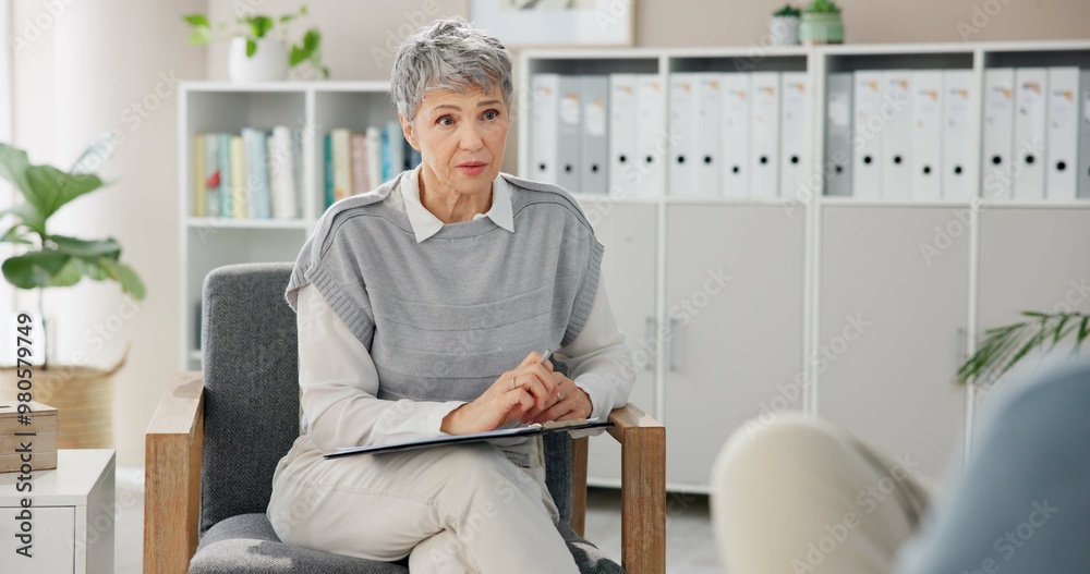 Poster therapist, client and senior woman with clipboard, listening and diagnosis with emotional reaction. 