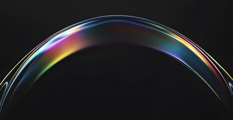 Abstract glass shape on black background. Black glassy background, rainbow gradient lines in the shape, 3D rende 