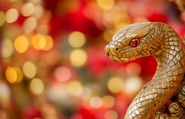 A close-up of an ornate golden snake statue, with a blurred red and gold background