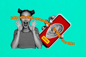 Composite photo collage of shocked girl scream fake news propaganda ear phone screen hand false...