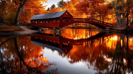 vibrant autumn in new england, covered bridge, fall foliage a covered bridge spans a peaceful river, surrounded by vibrant autumn foliage. 