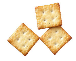 Flying delicious crackers cut out isolated on white background.