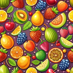 Cheerful Assorted Fruits Seamless Pattern for Happy and Colorful Summer Designs. Fruits. Pattern. Seamless. Cheerful. Colorful.