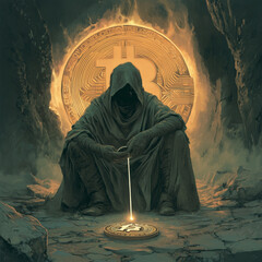 Illustration of a hooded man with the bitcoin symbol behind him. Epic. Crypto.