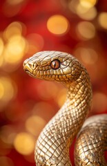 Obraz premium A close-up of an ornate golden snake statue, with a blurred red and gold background