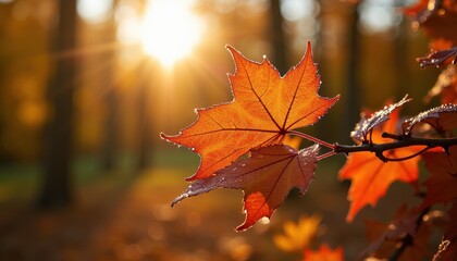 Close-up of Dew-Covered Autumn Leaves
