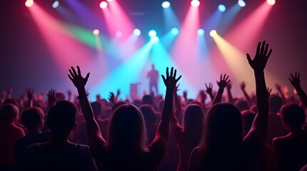 A lively crowd dancing at a concert under vibrant lights, creating a fun festival atmosphere