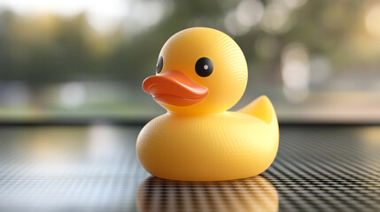 A cheerful rubber duck on a shiny surface with a soft blurred background in natural light