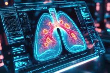 Holographic lungs scan, inflamed tissue, futuristic medical diagnostics, glowing neon interface