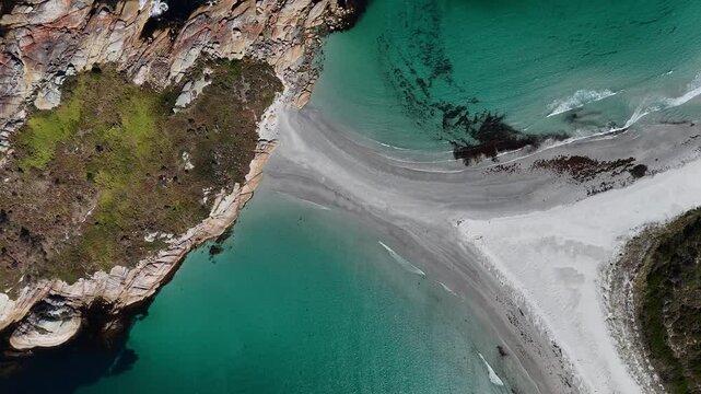 Top Down View Of Diamond Island Bicheno Connected To Beach By Path Of Sand, Tasmania, Australia
