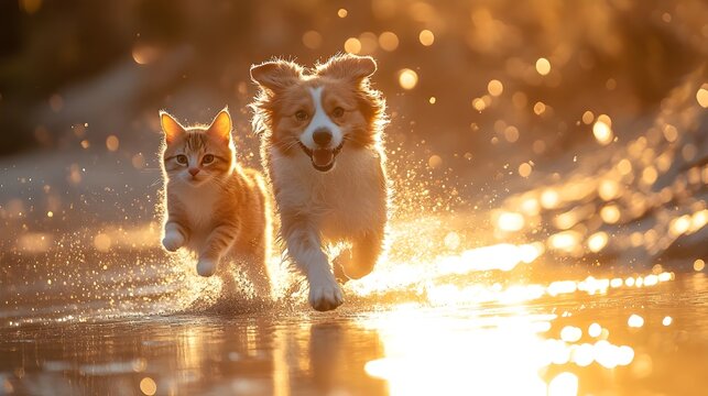 Dog and cat on the beach, running playing together, sunset tropical ocean summer day background. Cute puppy and kitten friendship, creative funny animal pet character holiday maker modern digital art.