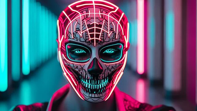 A futuristic mask design featuring neon lights and a skull