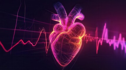 Vibrant Heartbeat Visualization: A 3D Render of a Colorful Heart and Pulse