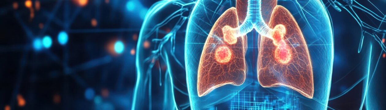 Virtual lung diagnostics, holographic inflammation scan, futuristic healthcare technology, glowing interface