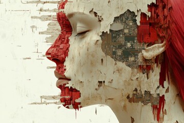 Abstract artwork of a robotic face with mechanical and organic textures symbolizing the fusion of human nature and artificial intelligence in the digital age