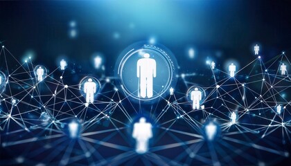 Social network technologies concept with digital graphic user symbols connected by lines on abstract dark blue background. Generated image