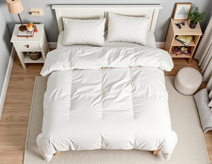 Top-down view of a cozy bedroom with white bedding, wooden accents, and minimalist decor