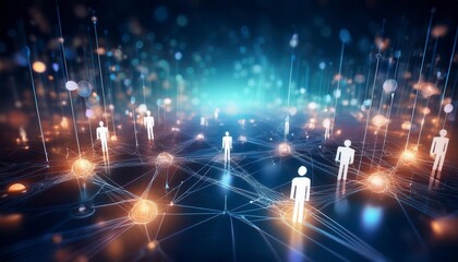 Obraz premium Social network technologies concept with digital graphic user symbols connected by lines on abstract dark blue background. Generated image
