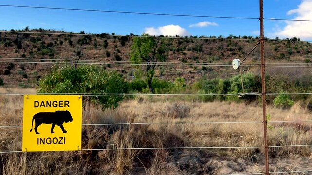 Yellow lion warning sign on boundary fence of game reserve in South Africa