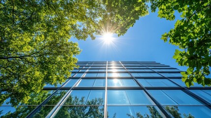 Sunlight Reflecting Off Modern Building Windows with Green Trees
