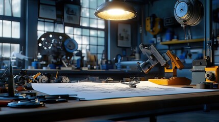 "Vintage Workshop with Drafting Tools and Machinery"